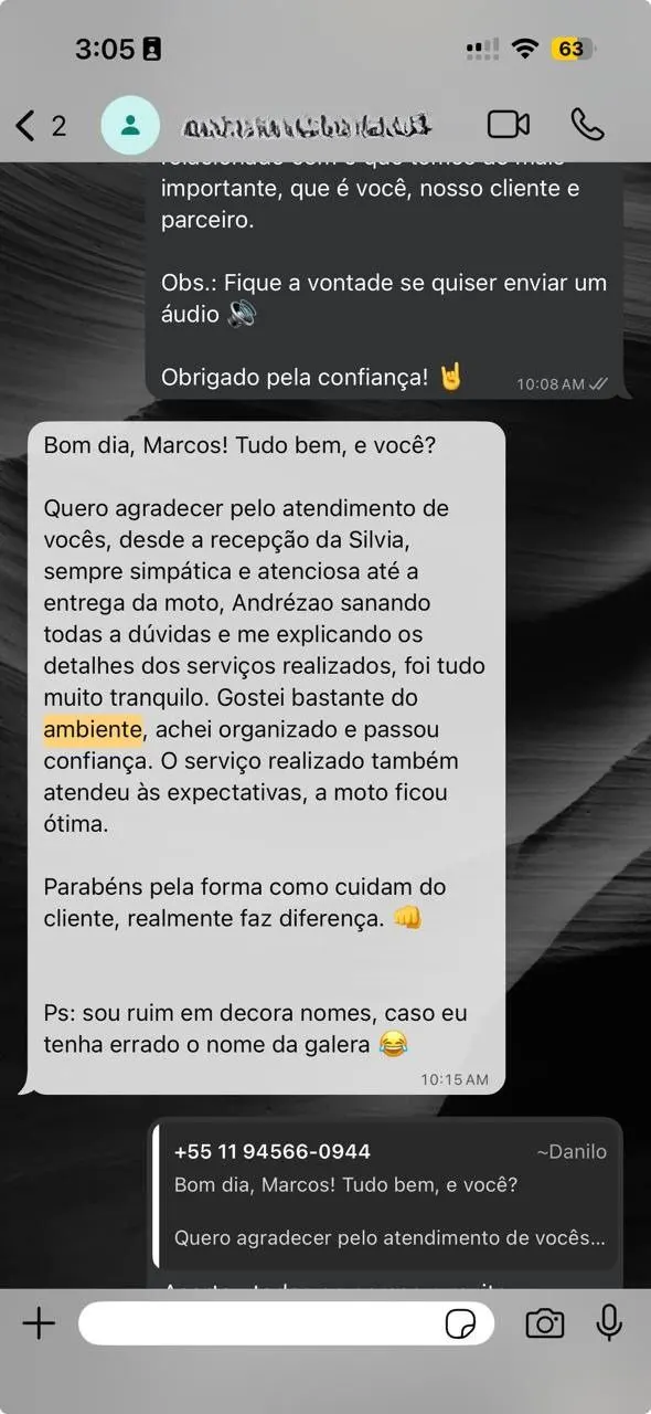 Depoimento no WhatsApp de Danilo elogiando atendimento e ambiente da Rooter's Garage.