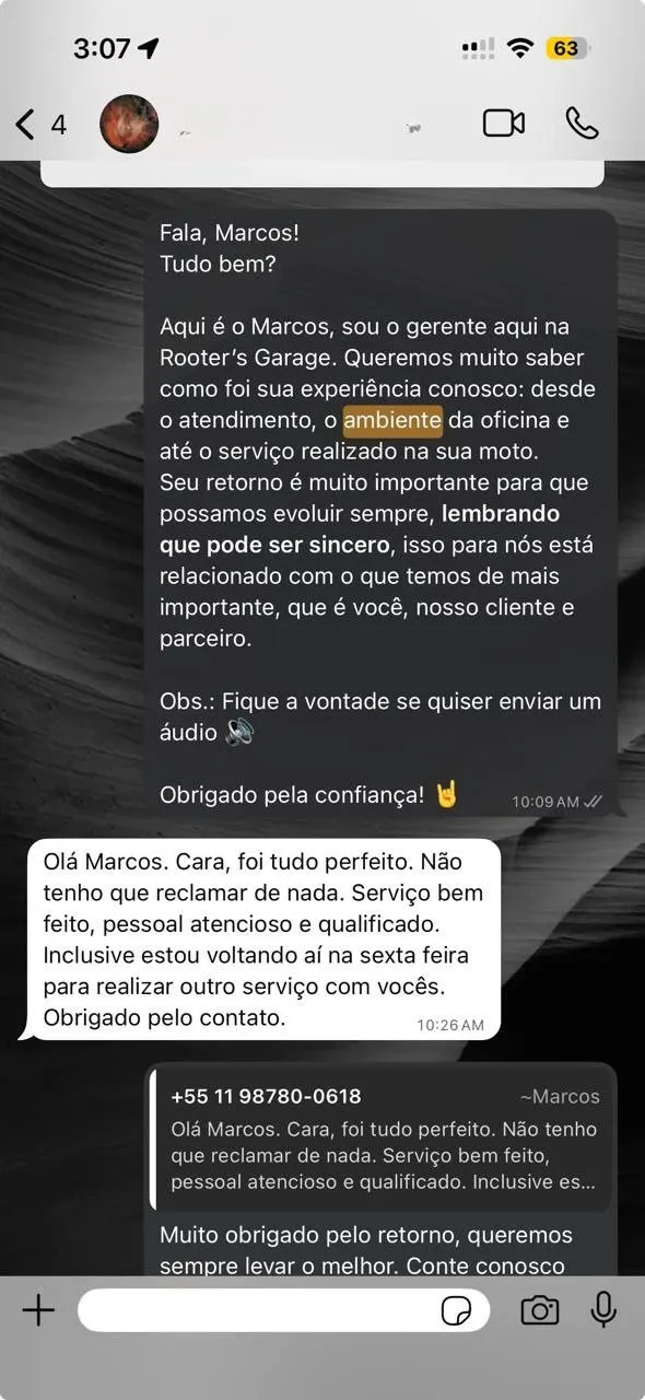 Depoimento no WhatsApp de Marcos: "Foi tudo perfeito, serviço bem feito e pessoal atencioso."
